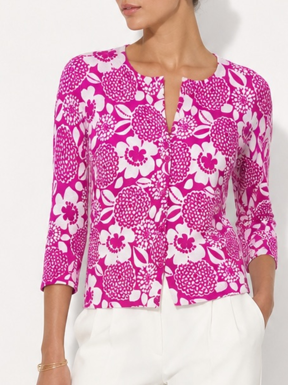 Garnet Hill NEW 100% Merino Wool Rosa Floral Print Button Down Cardigan Medium